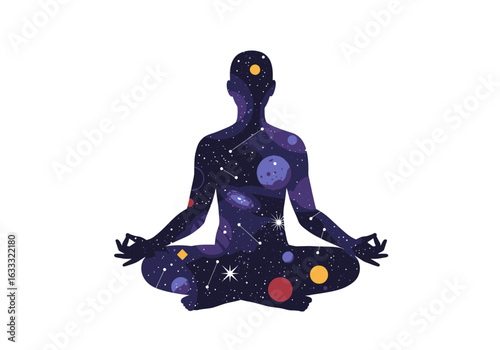 Silhouette of person in meditative pose filled with space scene stars planets nebulas