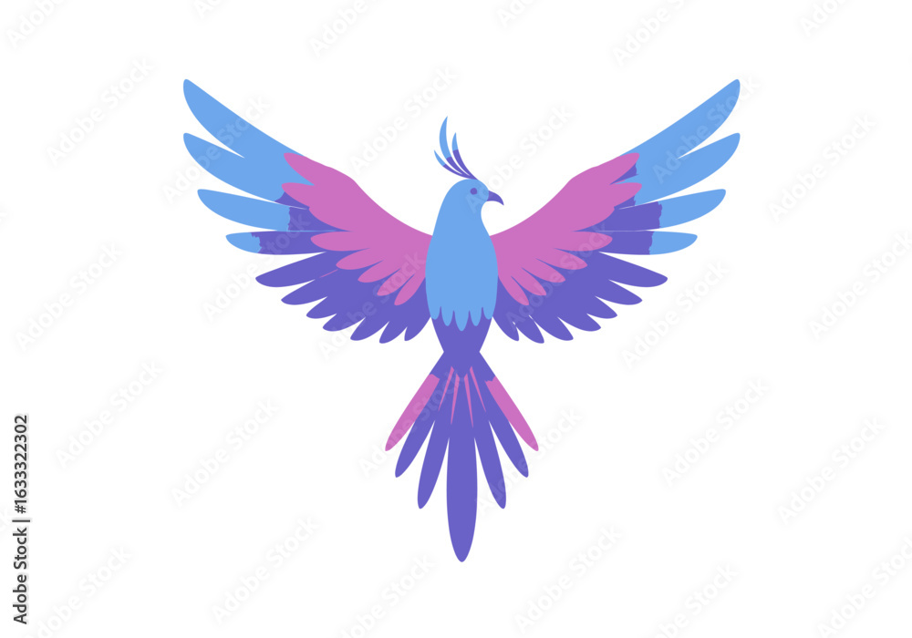 Fototapeta premium Stylized bird icon with blue pink and purple feathers and a small tuft on its head spreading its wings