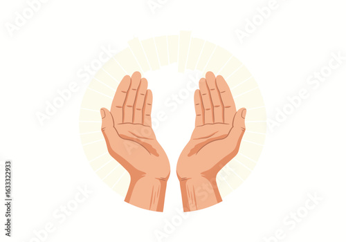 Two open hands with rays of light emanating from behind them positioned centrally