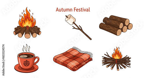 Autumn festival campfire marshmallow blanket and hot drink vector design