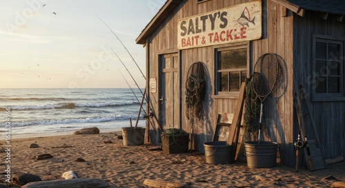 Rustic beachside bait and tackle shop featuring fishing rods and nets at sunset ocean view