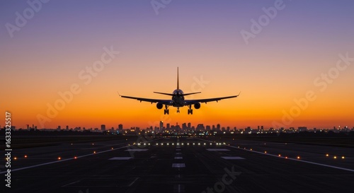 Airplane Approaching Airport Runway During Colorful Sunset