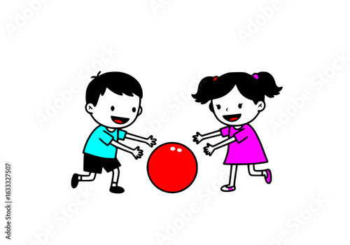 Clipart of siblings playing with a ball, only one or two colors used simple design for kids’ books