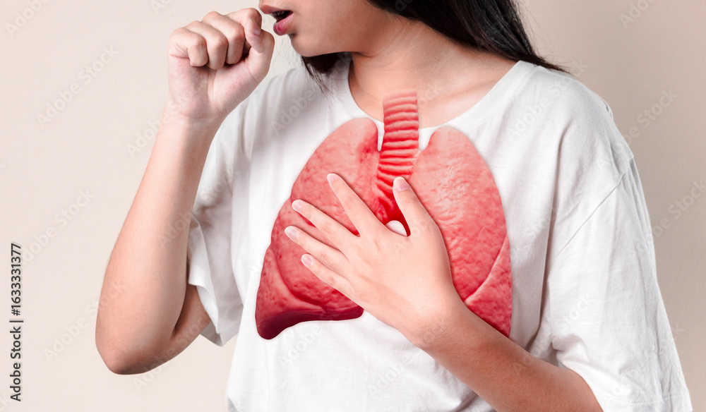 Φωτογραφία young gril patients with respiratory or lung diseases, bad air, dust, tuberculosis, lung cancer, emphysema, cough from the flu, and viral infections