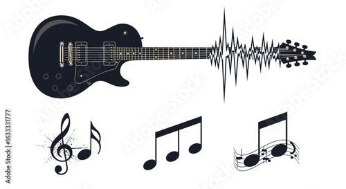 Black electric guitar music notes sound waves musical instrument design