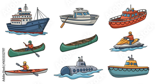 Various watercrafts including ships boats canoes and submarines drawing