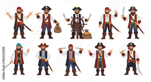 A diverse collection of ten adventurous pirates featuring distinctive outfits and accessories ready for nautical expeditions and swashbuckling adventures on the high seas