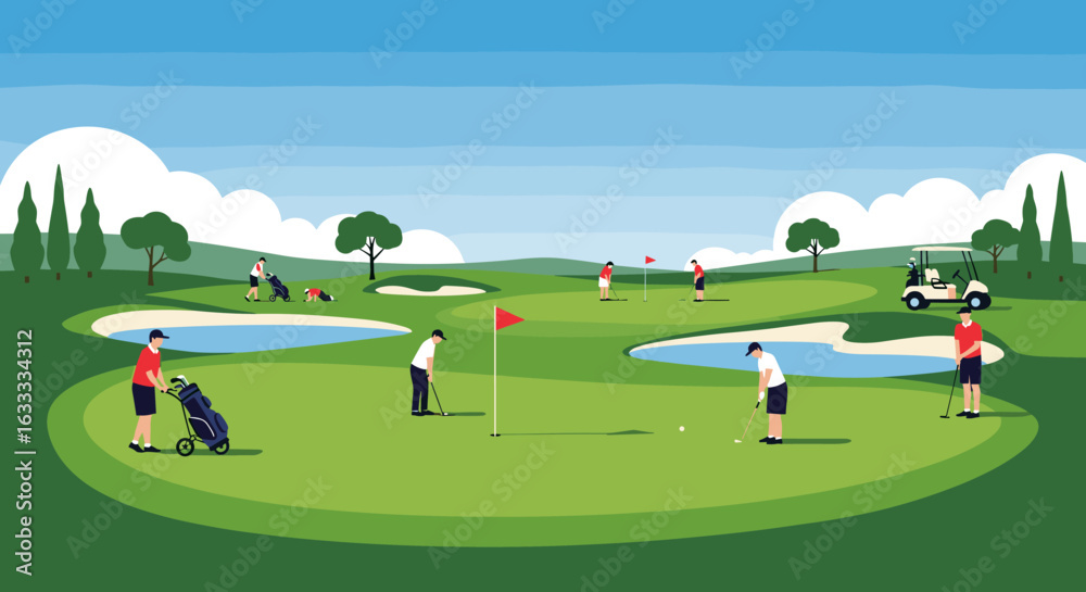 Fototapeta premium Diverse group of people enjoying a game of golf on a sunny day with water hazards and green fairways
