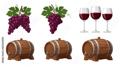 Illustration of wine grapes wine glasses and wine barrels for wine making