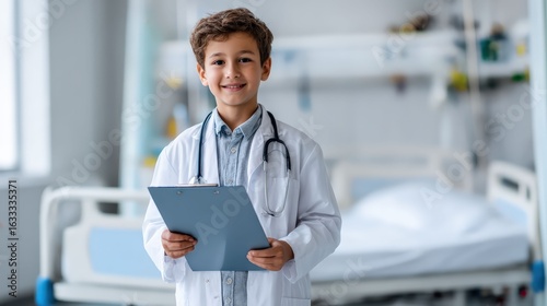 a young boy dressed in a doctor's uniform poses with a clipboard and stethoscope, radiating confidence and a smile