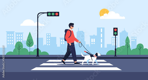 Blind person guided by assistance dog safely crosses busy city street at pedestrian crossing