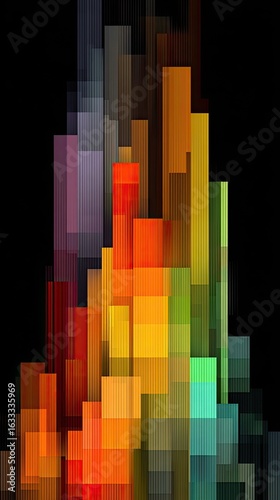 Abstract pixelated vertical striated shapes in vibrant colours against a black background