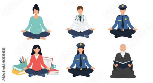 Diverse professionals practicing mindfulness and meditation in various occupations inspiring calm and well-being