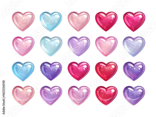 Collection of Colorful Heart Shaped Gems Shining Against a Dark Background Decorative Elements for Valentines Day Cards and Romantic Designs