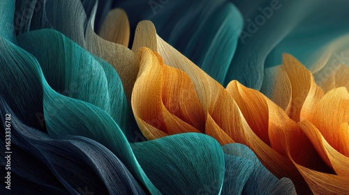 Abstract swirls of teal, gold, and dark blue flowing fabric