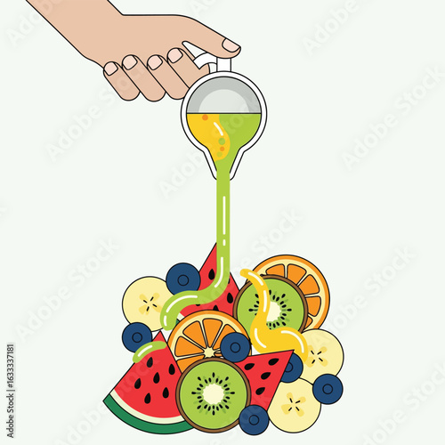 Pouring Green Juice Over Fresh Fruits in a Colorful Composition