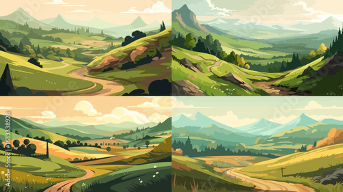 Four digital artworks depict varied, picturesque landscapes featuring winding paths through rolling hills and valleys. Lush greenery and mountains are prominent in the illustrations.