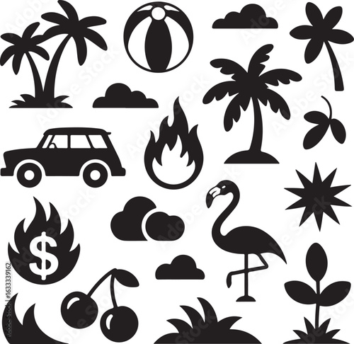 A diverse set of black silhouette icons for summer, vacation, and travel themes featuring a palm tree, flamingo, and car.