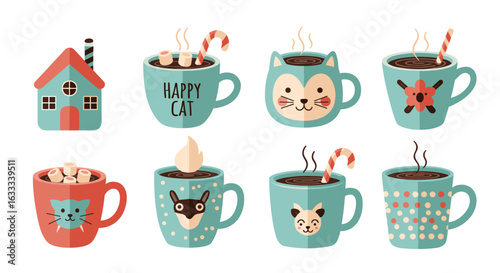 Festive cozy drinks with cute animals and winter house illustrations for holiday season celebration