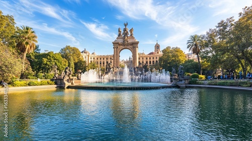 The iconic Arc de Triomf monument and fountain in Ciutadella Park, Barcelona