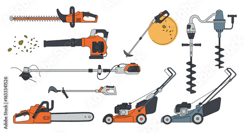 Collection of garden maintenance power tools for outdoor yard work and landscaping projects