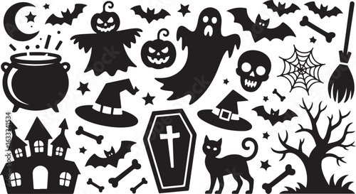 Halloween concept design elements. A set of black silhouettes including ghost, pumpkin, cat, witch hat, and spooky icons for festive decoration.