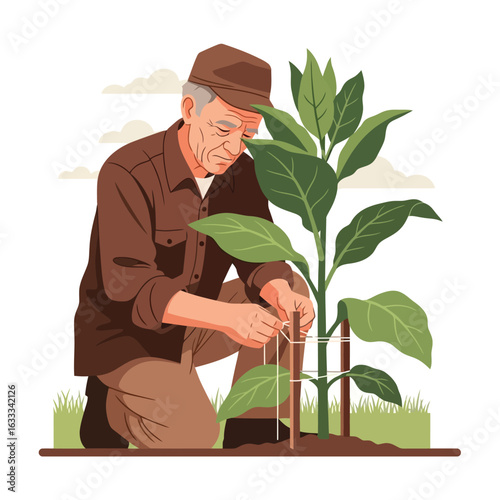 Man Gardening Tying Plant to Stake for Support in Garden