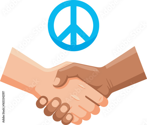 Multiracial handshake of unity and agreement under a blue peace symbol vector illustration.