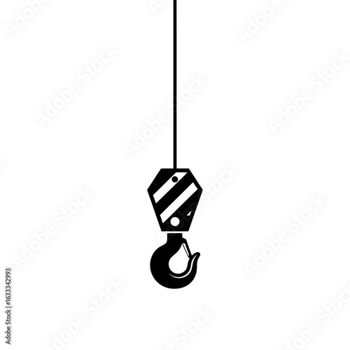 A minimalist black silhouette icon of a heavy-duty industrial crane hook hangs vertically against a clean white background, symbolizing construction and lifting.