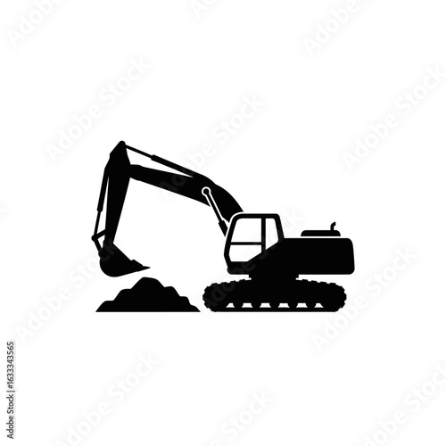 Silhouette of an excavator digging a pile of dirt on a white background, symbolizing construction and heavy machinery.
