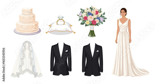 Wedding cake ring bouquet dress tuxedo veil celebration event marriage