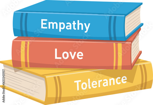 A stack of three colorful hardcover books titled Empathy Love and Tolerance representing core human values.