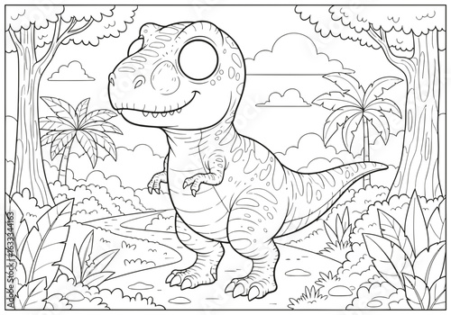 Vector art of cute cartoon trex dinosaur in a prehistoric jungle setting, perfect for a childrens coloring book page