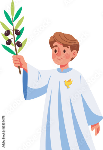 Young boy in a white and blue tunic with a yellow dove pin holding a green olive branch with black olives.