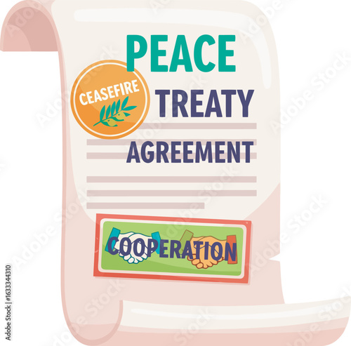 Illustrated Peace Treaty Agreement scroll with Ceasefire and Cooperation stamps symbolizing diplomacy.