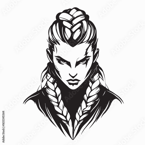 Powerful Woman Warrior Character with Braids and Sword in Fantasy Combat Illustration