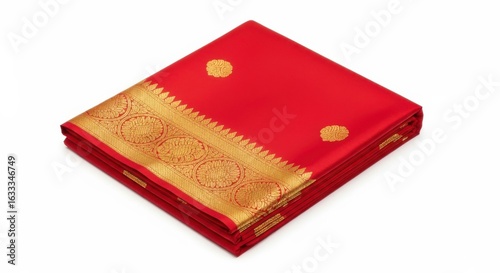 Red silk saree with gold border isolated on white background