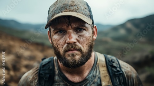 Determined Adventure Seeker with Muddy Face in Rugged Outdoor Landscape Environment