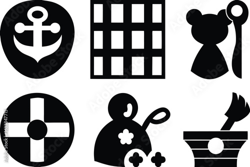 Nautical grid bear mortar pestle cross icons anchor