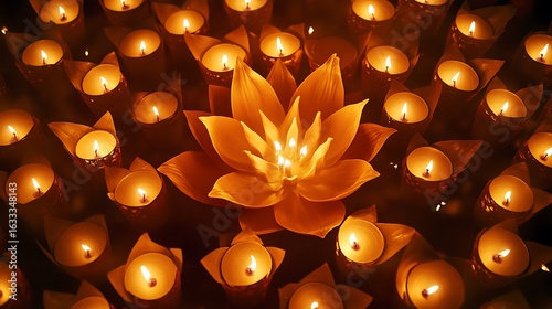 Create a calming ambiance with warm glowing candles and lotus flower for spiritual reflection