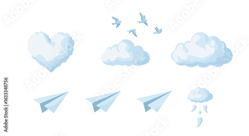 Heart cloud birds paper airplane dreams sky flight travel illustration