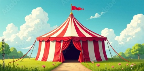 Classic red and white striped circus tent, vector illustration , striped tent, show