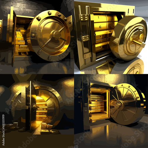 Digital rendering of four golden vaults, each showcasing glistening gold bars and coins inside, highlighting themes of wealth, security, and luxury.
