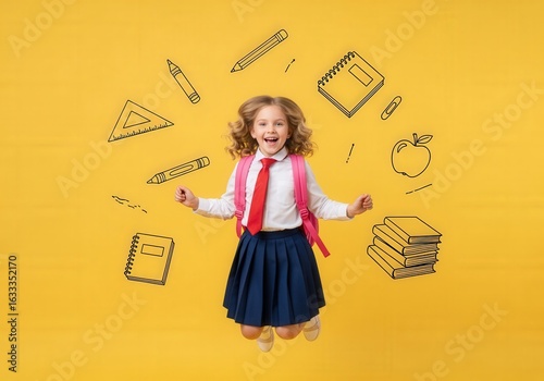 8-year-old girl in school uniform jumping with backpack and floating school doodles on yellow background