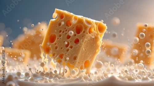 A block of cheese splashing in creamy liquid, creating visual effects with bubbles and droplets, showcasing texture and color contrasts.