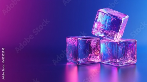 Three Ice Cubes with Neon Lighting on a Gradient Blue Background