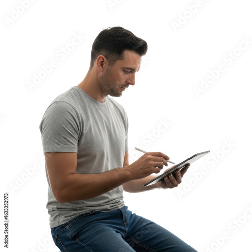 A focused man in casual attire sits in profile, using a stylus to draw or write on a digital tablet against a white background.