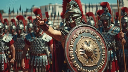 A warrior in detailed armor and helmet, conveying intensity and readiness for battle amidst a blurred crowd of soldiers.