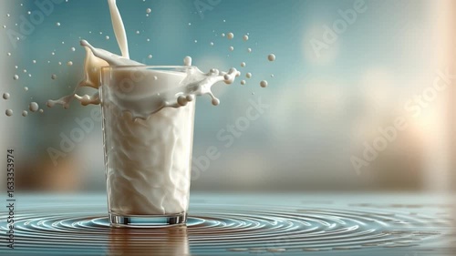 A glass of milk with a splash, set against a softly blurred background, highlighting its creamy texture and motion.