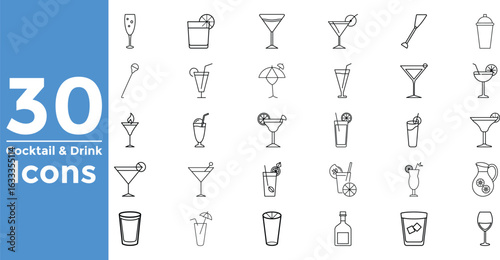 Thirty Cocktail And Drink Icons In Outline Style On White Background collection